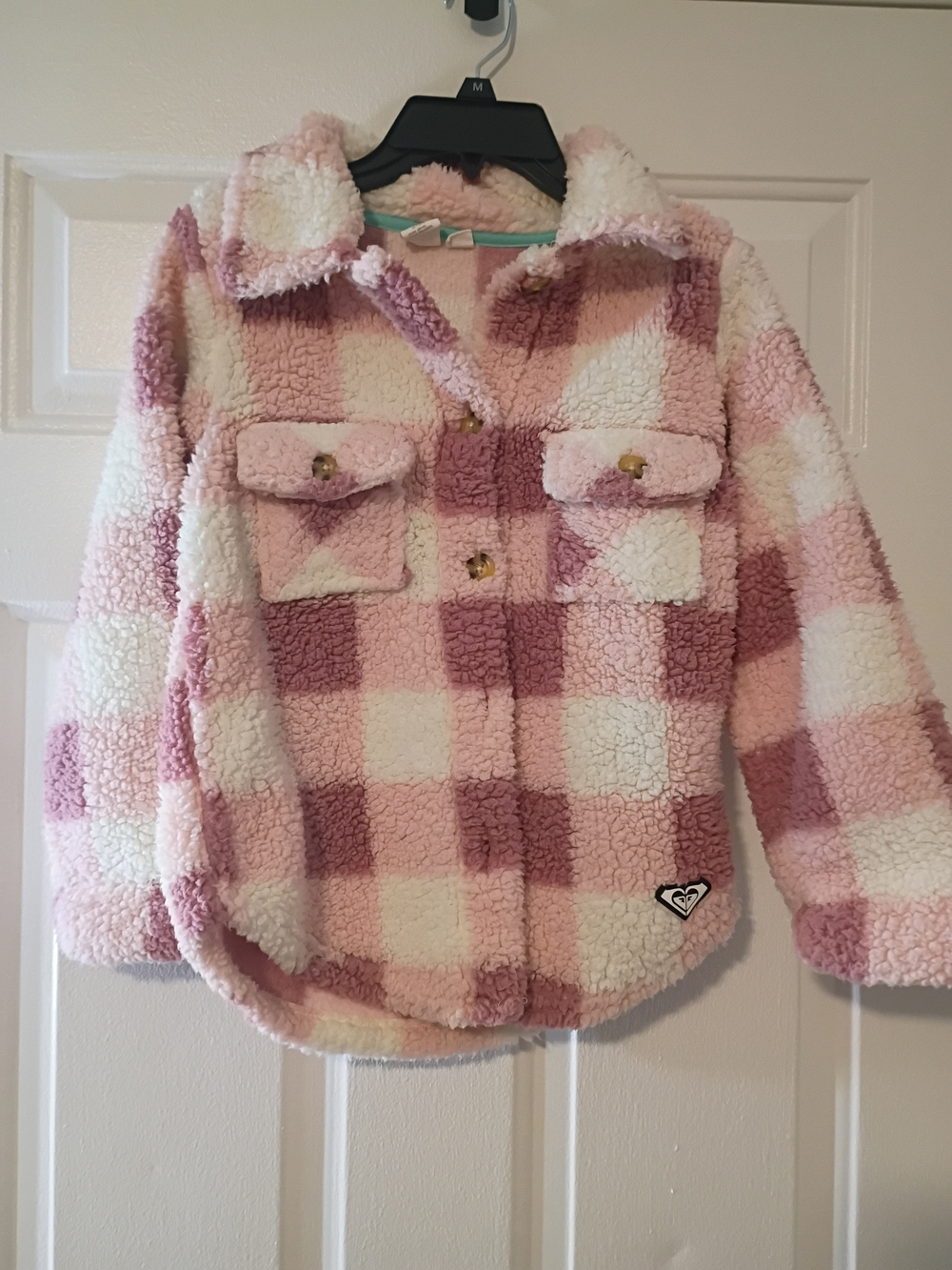 Roxy Pink and White Sherpa Plaid Jacket
